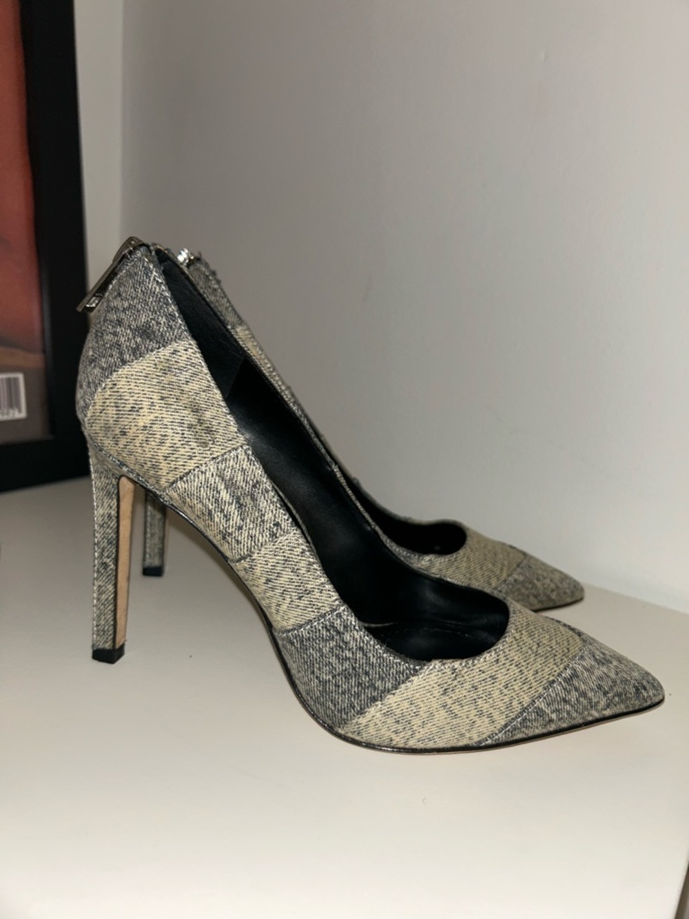 Diesel Two-Tone Tweed Pointed Toe Heels in Beige and Gray